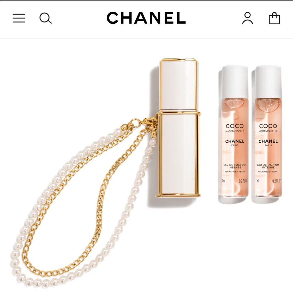 CHANEL Coco Mademoiselle Perfume Set with Gold and White Accents purse spray